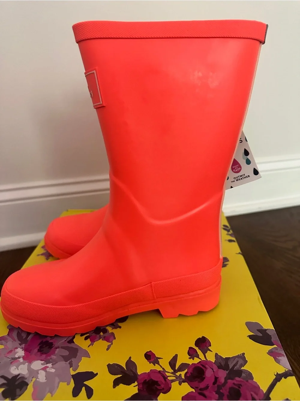 NWT Joules Bright Coral Orange Girls Waterproof Welly Rain Boots 2